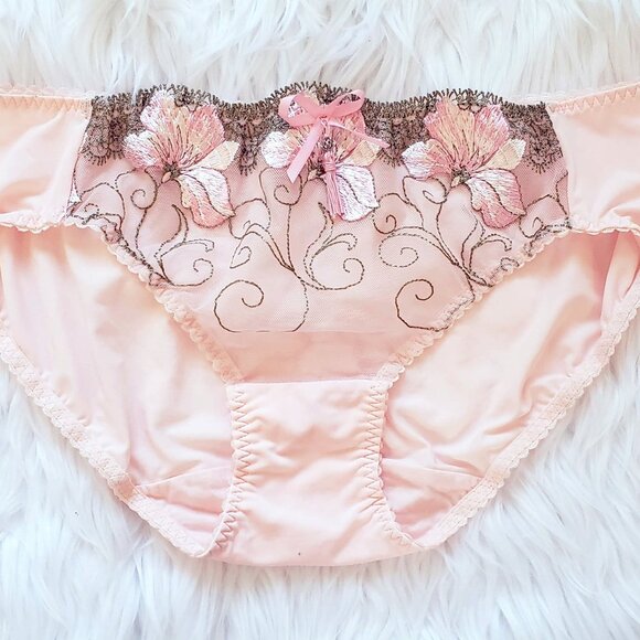 Pink embroidered floral lace trim bikini panty - Picture 1 of 5
